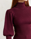 Pull col roulé 'Ariana' en coton et cachemire avec manches gigot bordeaux