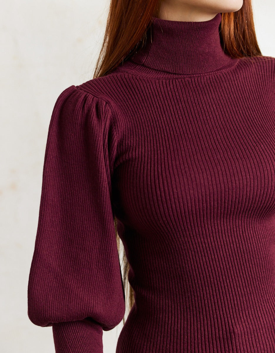 Pull col roulé 'Ariana' en coton et cachemire avec manches gigot bordeaux