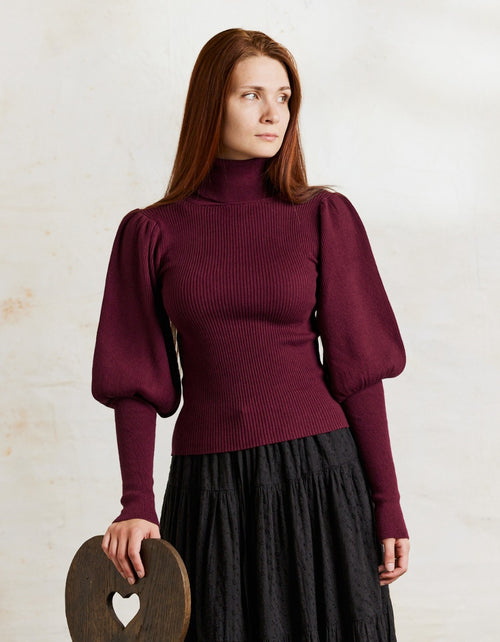 Pull col roulé 'Ariana' en coton et cachemire avec manches gigot bordeaux