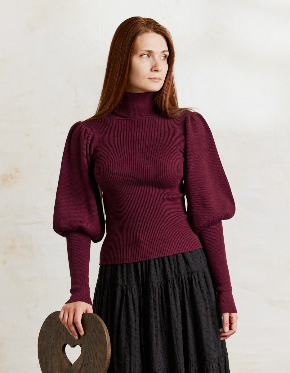 Pull col roulé 'Ariana' en coton et cachemire avec manches gigot bordeaux