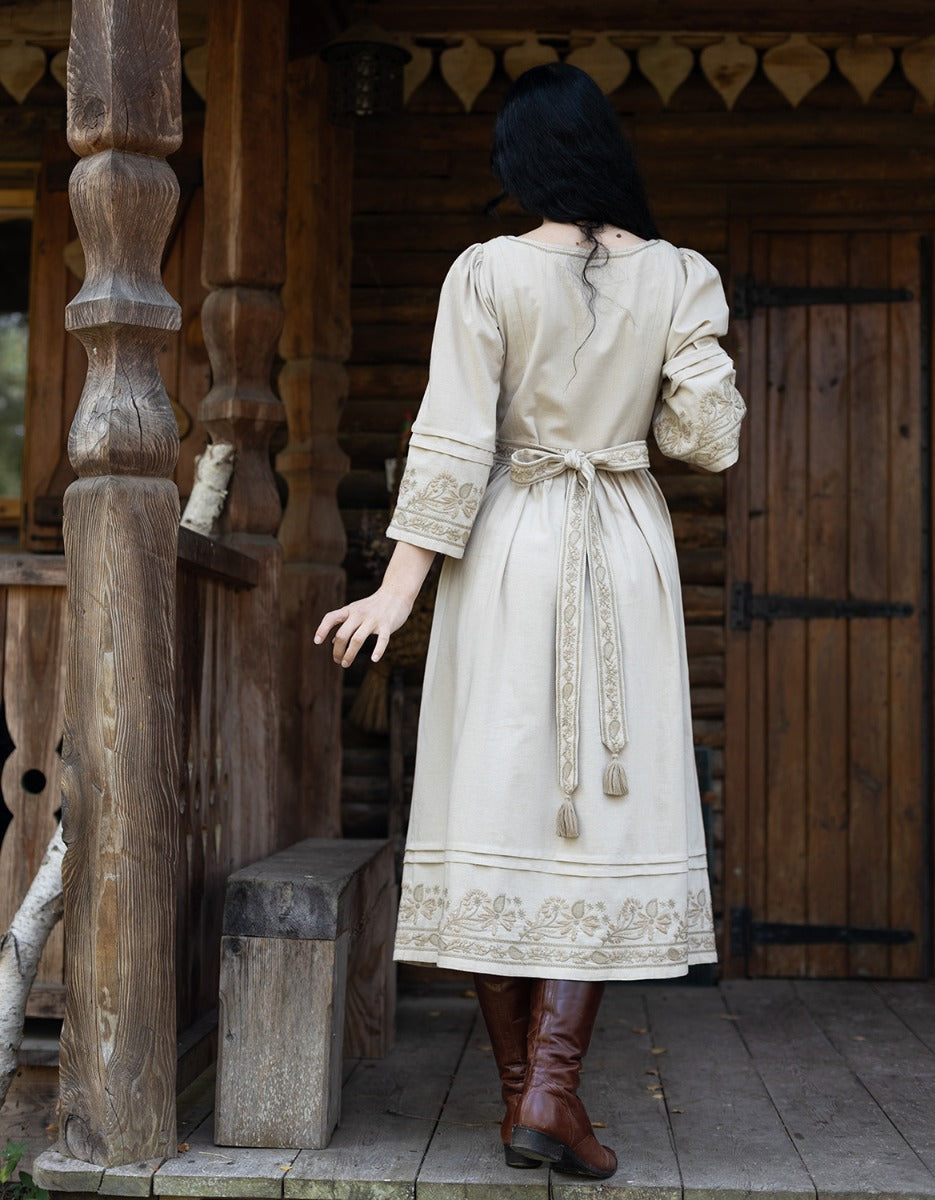"Astrid" dress ceramic off white with nuanced embroideries