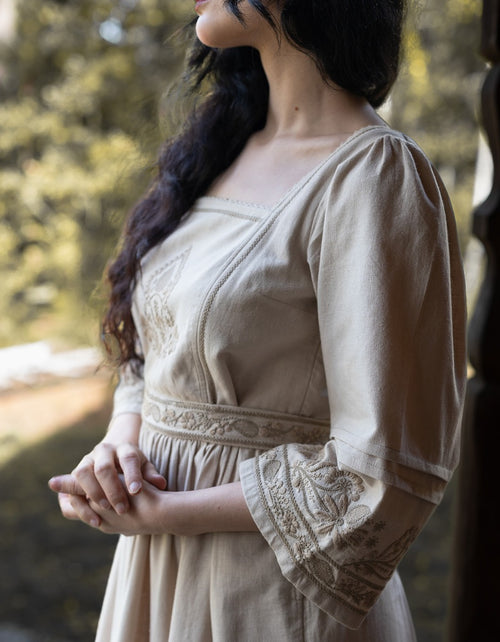 "Astrid" dress ceramic off white with nuanced embroideries