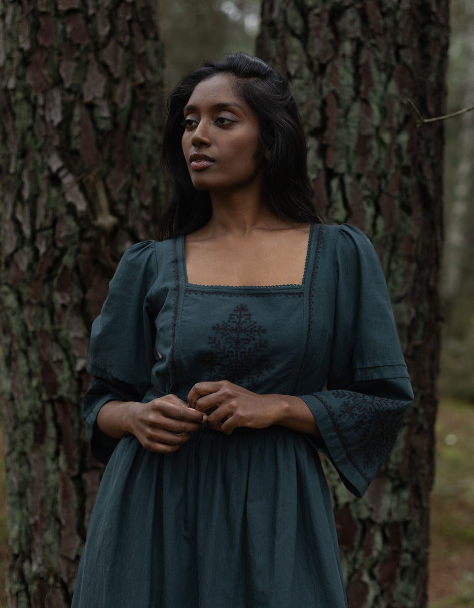 Austra” embroidered dress forest green – voriagh - sisters from