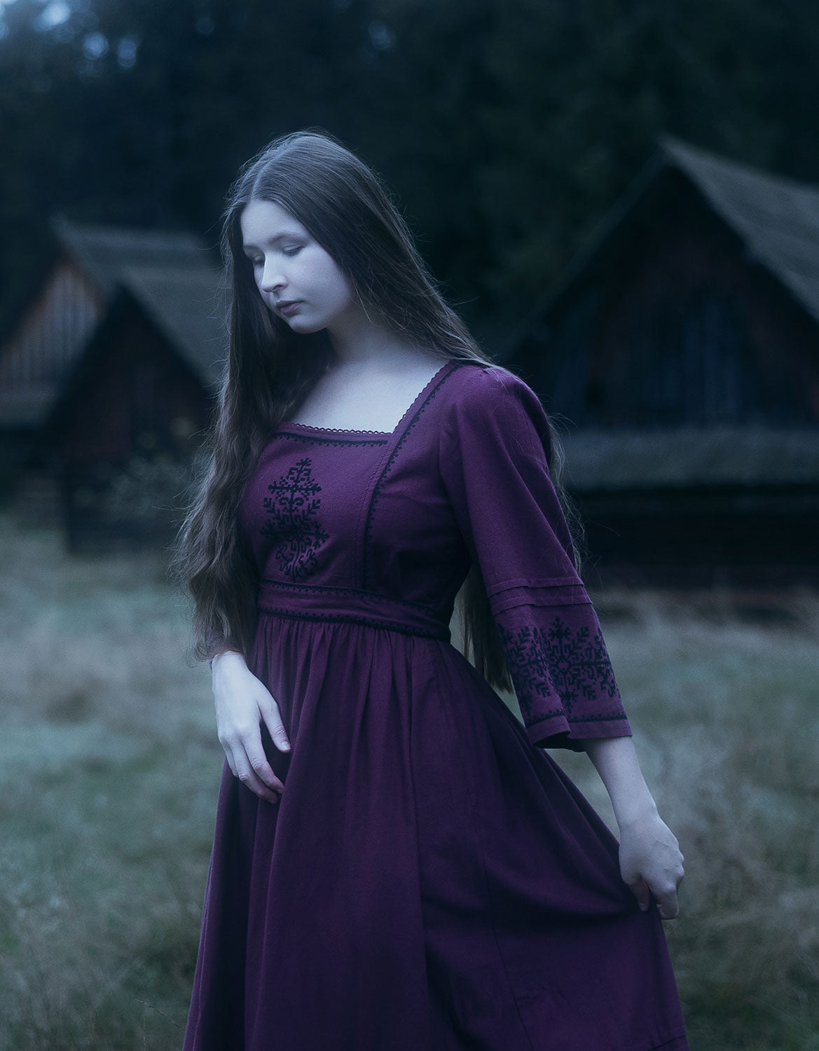 Robe 'Austra' brodée couleur prune plum / L