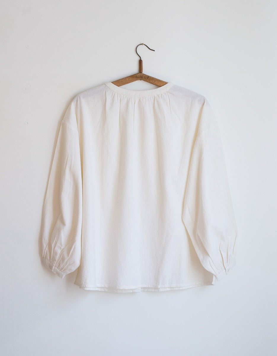 White blouse on a wooden hanger against a white background