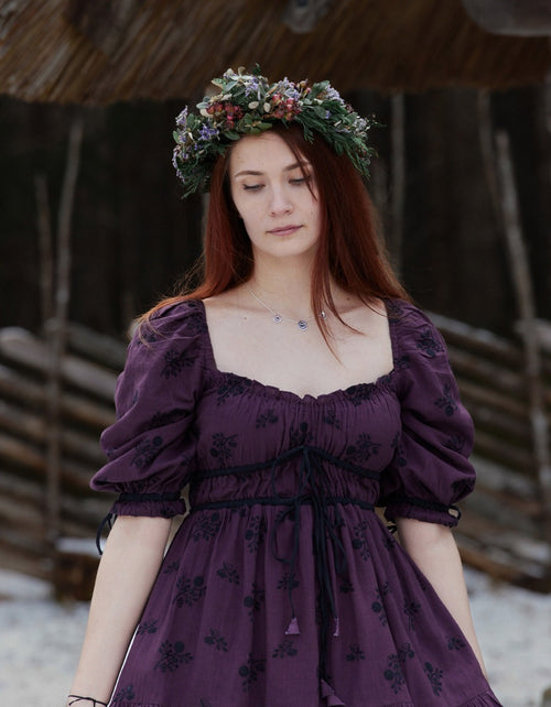 Robe 'Ebely' broderie anglaise manches 3/4 prune