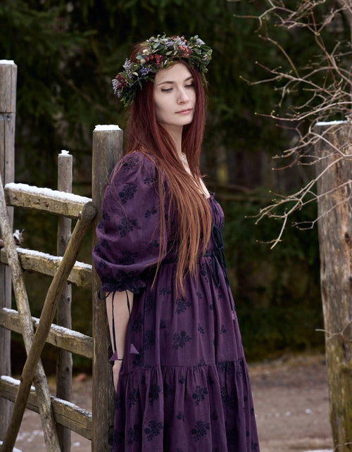 Robe 'Ebely' broderie anglaise manches 3/4 prune