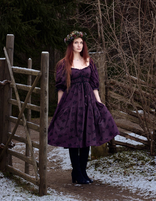 Ebely eyelet fabric dress 3/4 sleeves plum