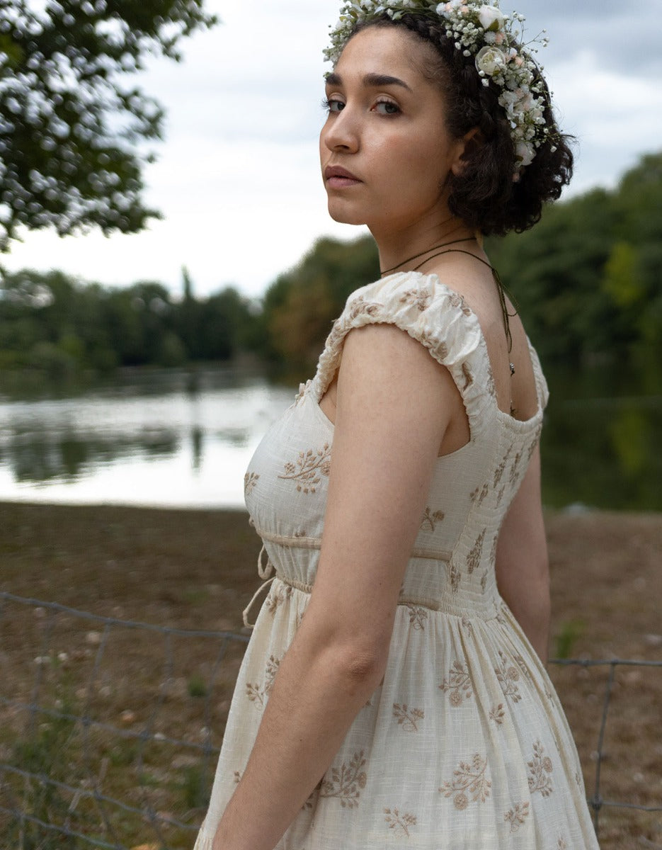 "Ebely" eyelet fabric dress short sleeves cream