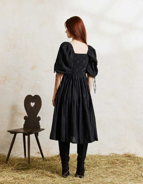 3 4 sleeve black dress Ebely" eyelet fabric dress 3/4 sleeves black – voriagh
