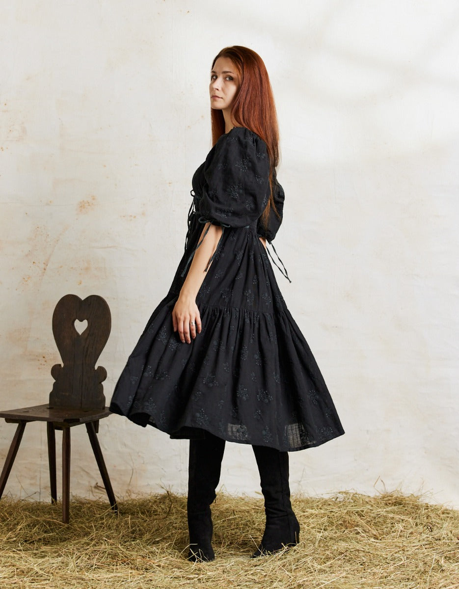 Ebely eyelet fabric dress 3/4 sleeves Black