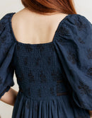 Robe 'Ebely' broderie anglaise manches 3/4 bleu nuit