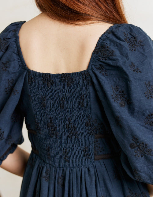 Robe 'Ebely' broderie anglaise manches 3/4 bleu nuit