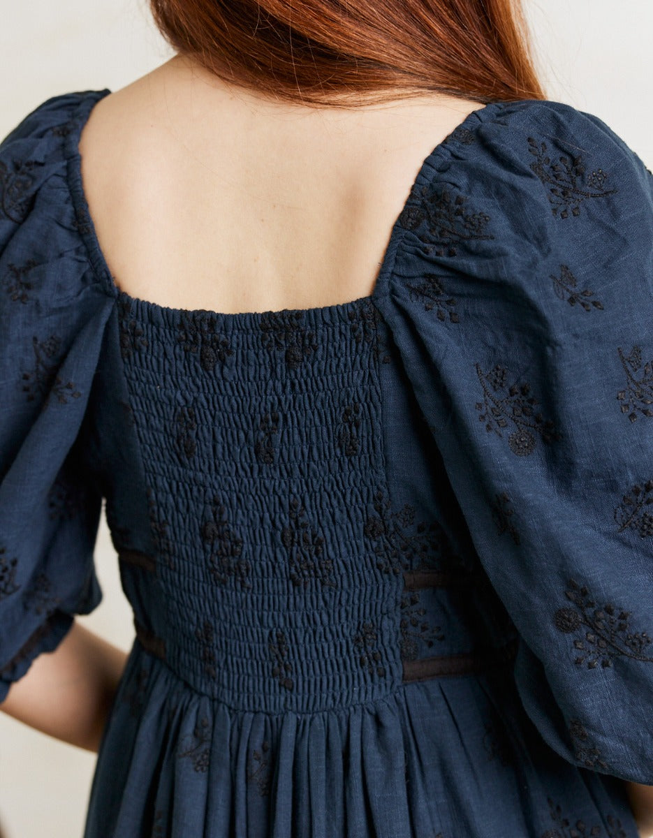 Robe 'Ebely' broderie anglaise manches 3/4 bleu nuit