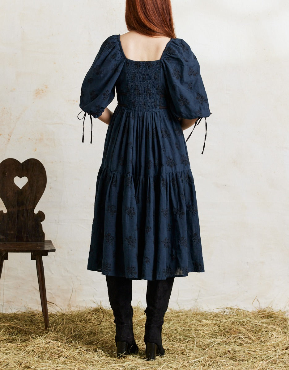 Robe 'Ebely' broderie anglaise manches 3/4 bleu nuit