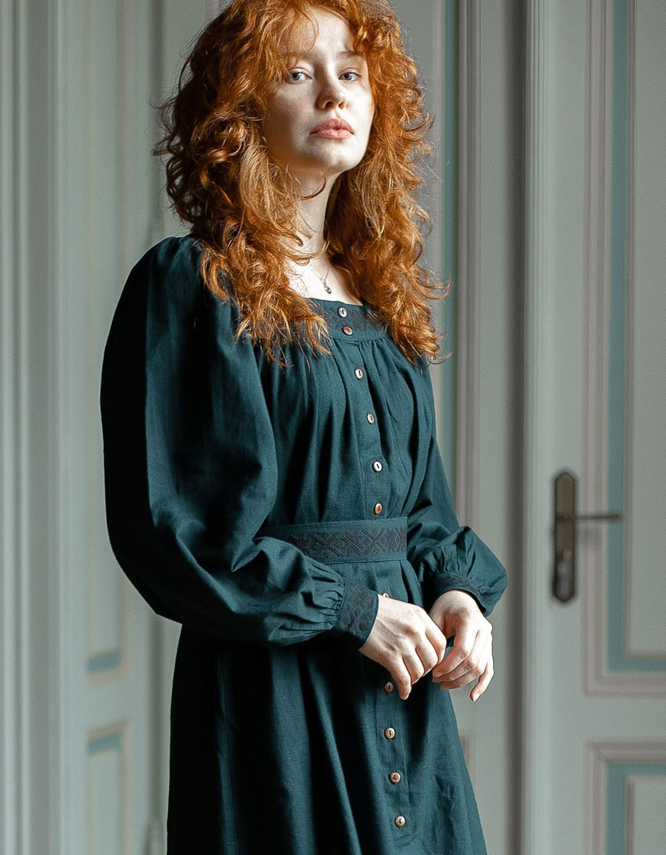 Elma" embroidered maxi dress forest green  voriagh - sisters from ancient  lands