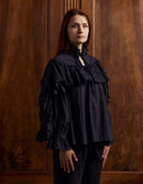 "Gabryela" blouse in cotton with embroidered ruffles black