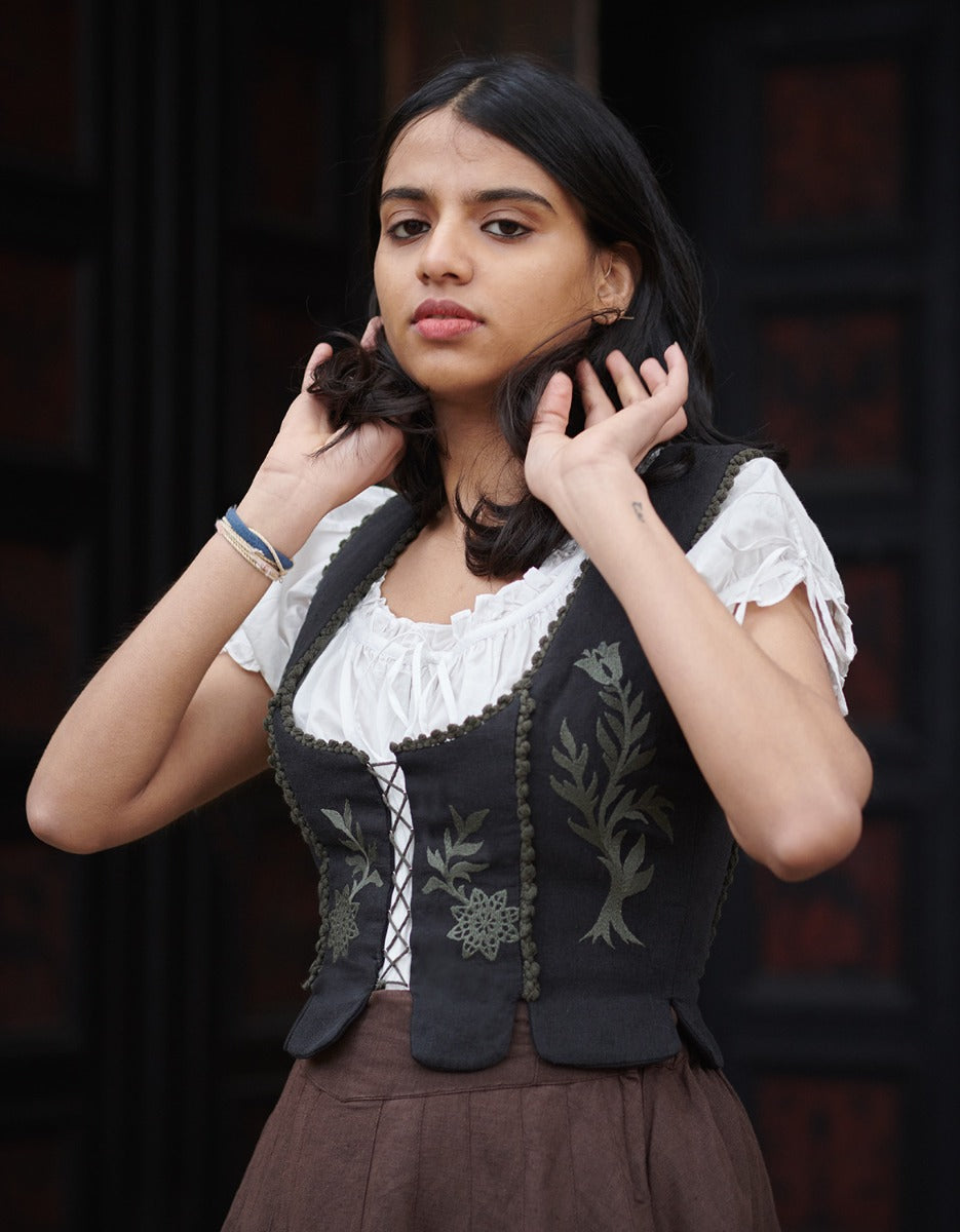 "Gisela" embroidered corset in black linen