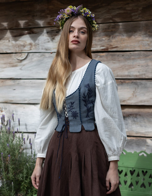 Corset 'Gisela' brodé en lin bleu atlas