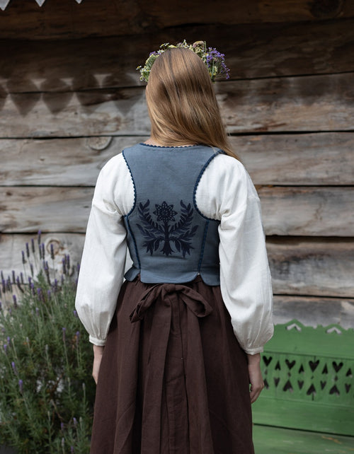 Corset 'Gisela' brodé en lin bleu atlas
