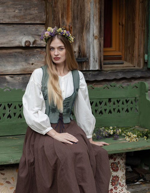 Corset 'Gisela' brodé en lin sauge