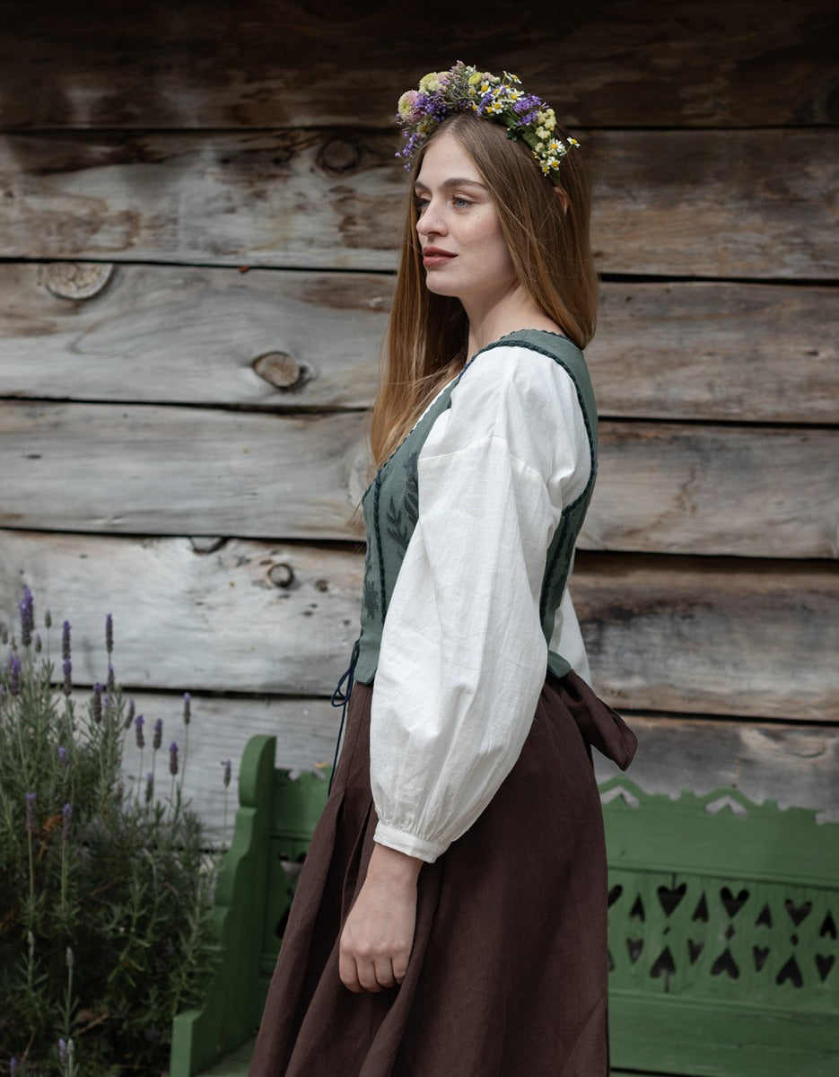 Corset 'Gisela' brodé en lin sauge