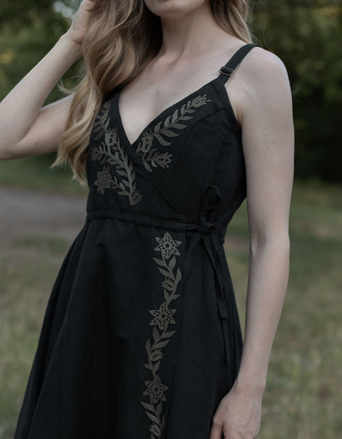 "Gisela" black embroidered crossover dress
