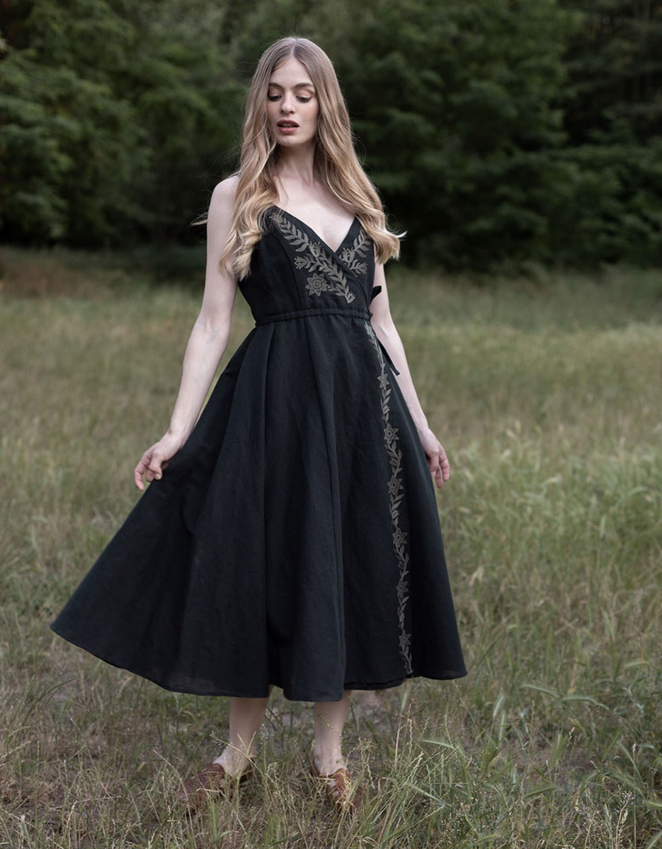"Gisela" black embroidered crossover dress