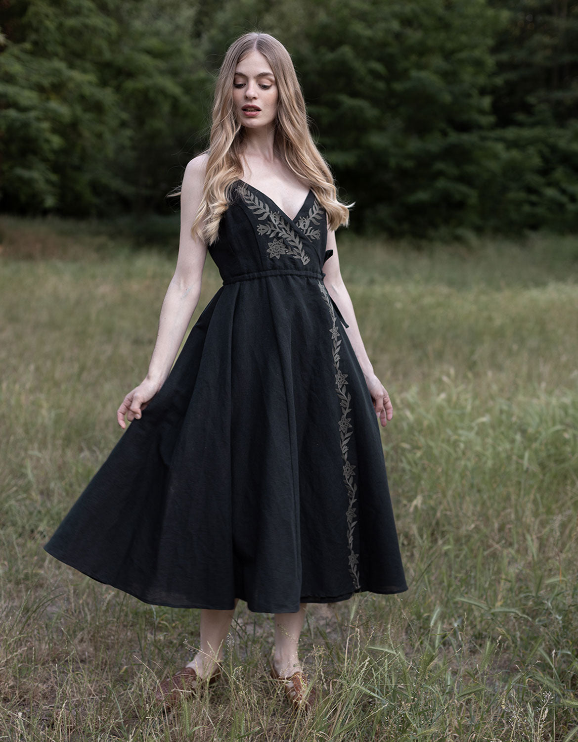 "Gisela" black embroidered crossover dress