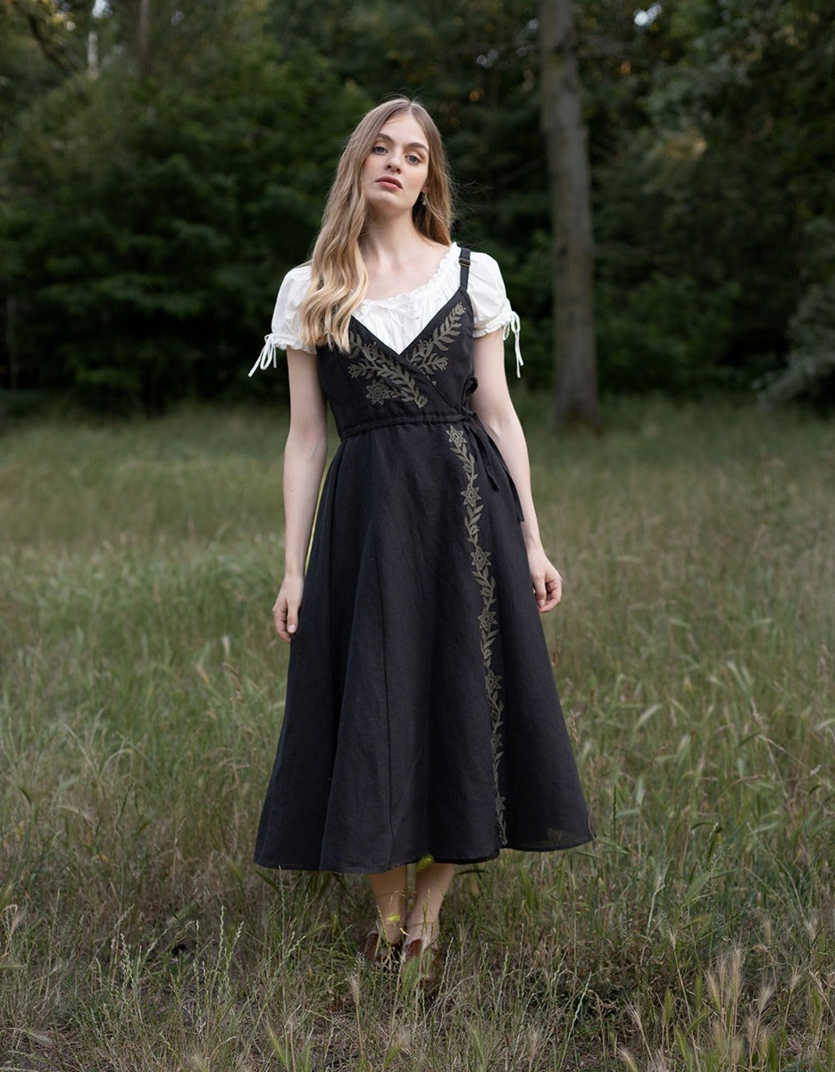 "Gisela" black embroidered crossover dress