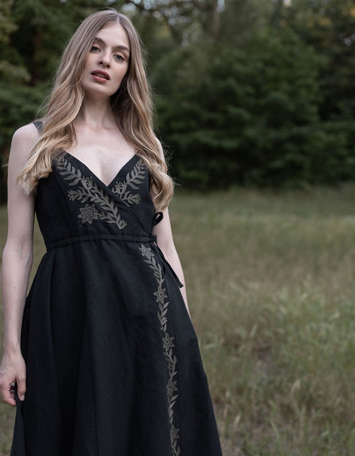 "Gisela" black embroidered crossover dress