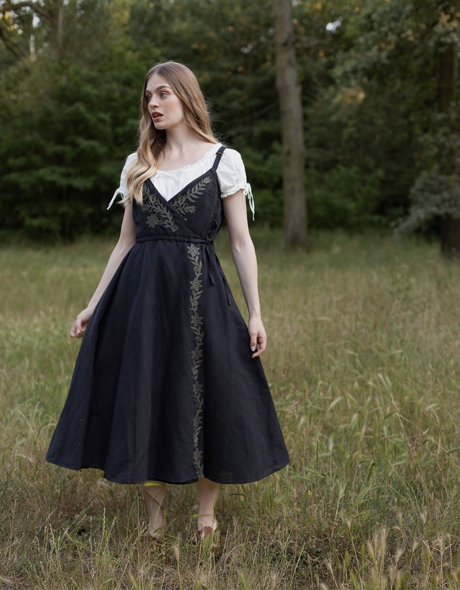 "Gisela" black embroidered crossover dress