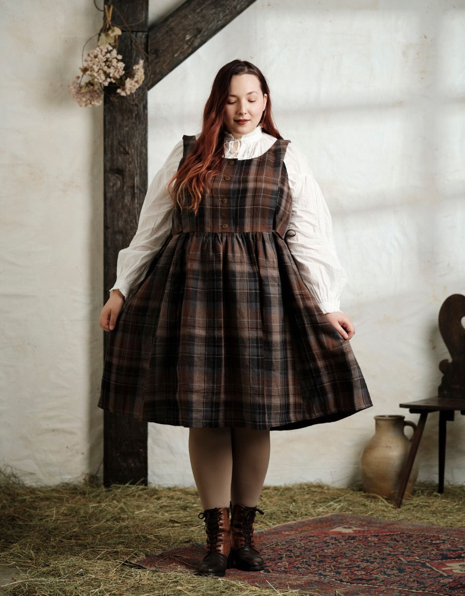 Vera brown tartan linen jumper dress Vera brown tartan linen jumper dress