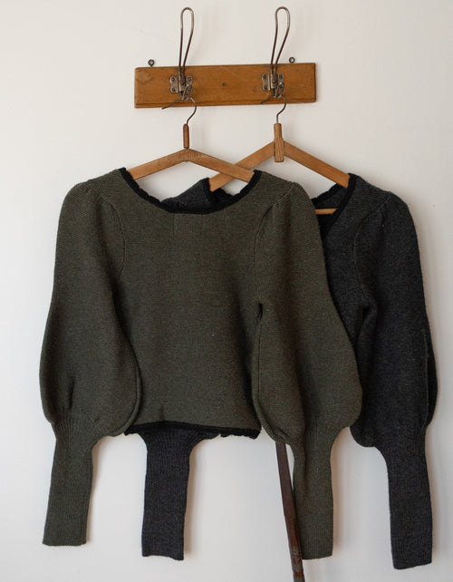 "Ilya" knitted jacket with gigot sleeves in pure wool moss