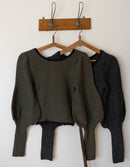 "Ilya" knitted jacket with gigot sleeves in black anthracite pure wool