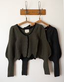 "Ilya" knitted jacket with gigot sleeves in black anthracite pure wool