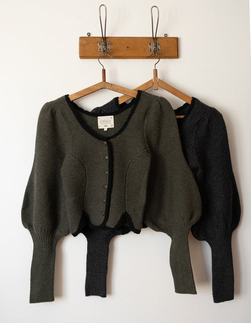 "Ilya" knitted jacket with gigot sleeves in black anthracite pure wool