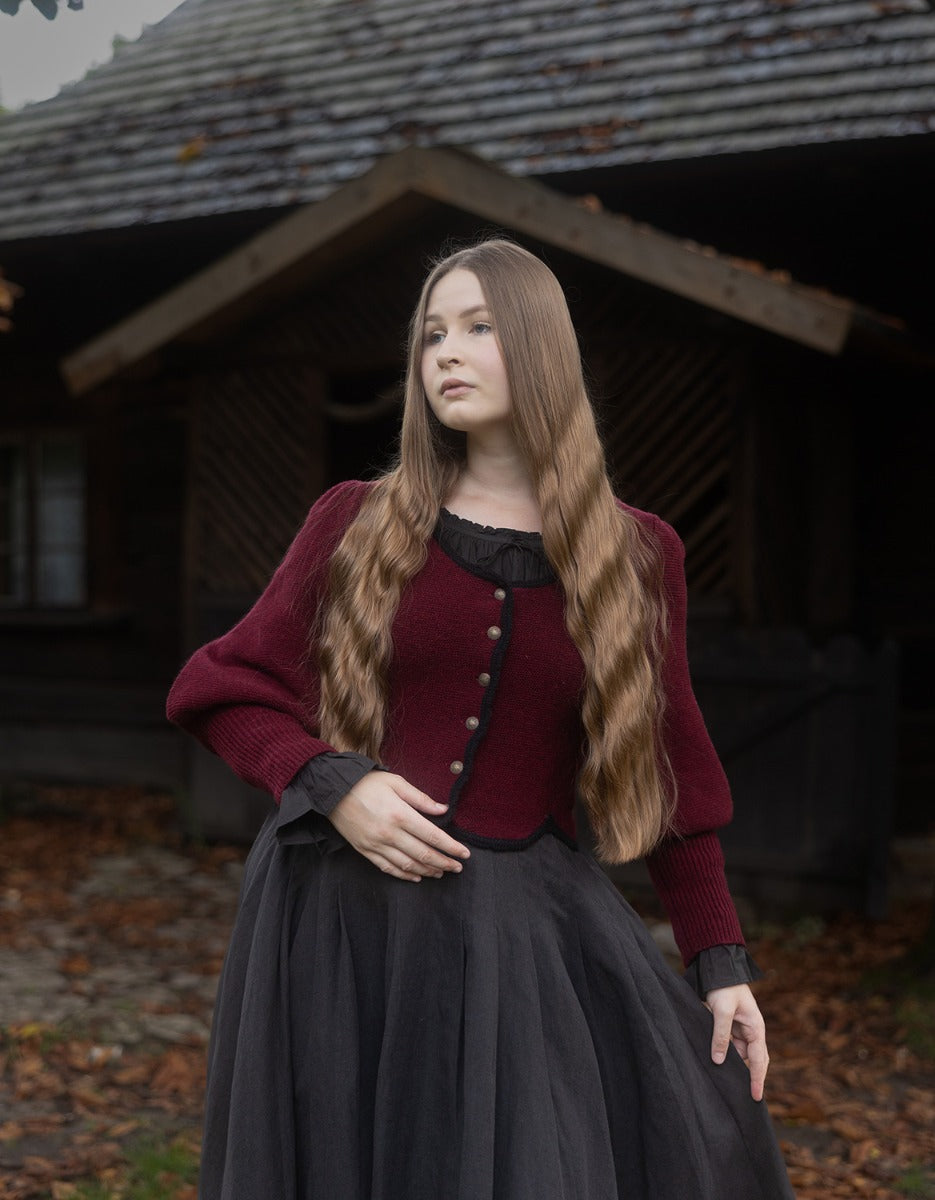 "Ilya" knitted jacket with gigot sleeves in pure wool burgundy