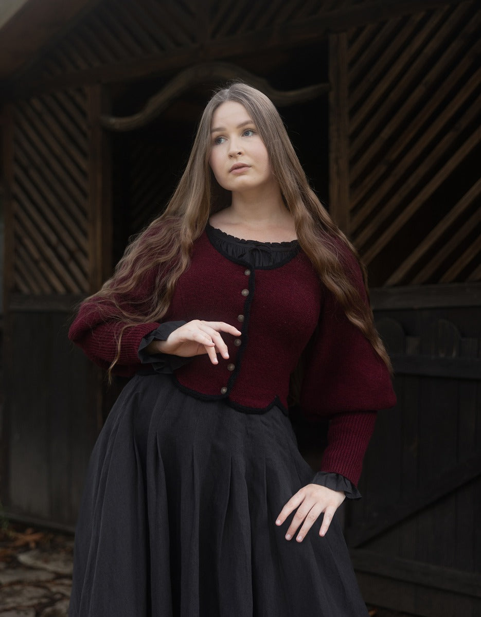 "Ilya" knitted jacket with gigot sleeves in pure wool burgundy