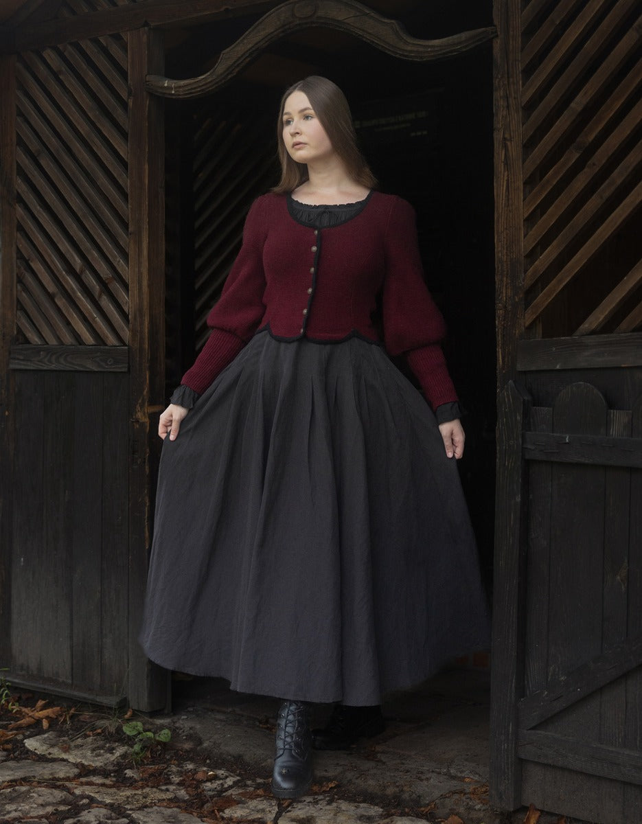 Veste tricotée 'Ilya' à manches gigot en pure laine bordeaux