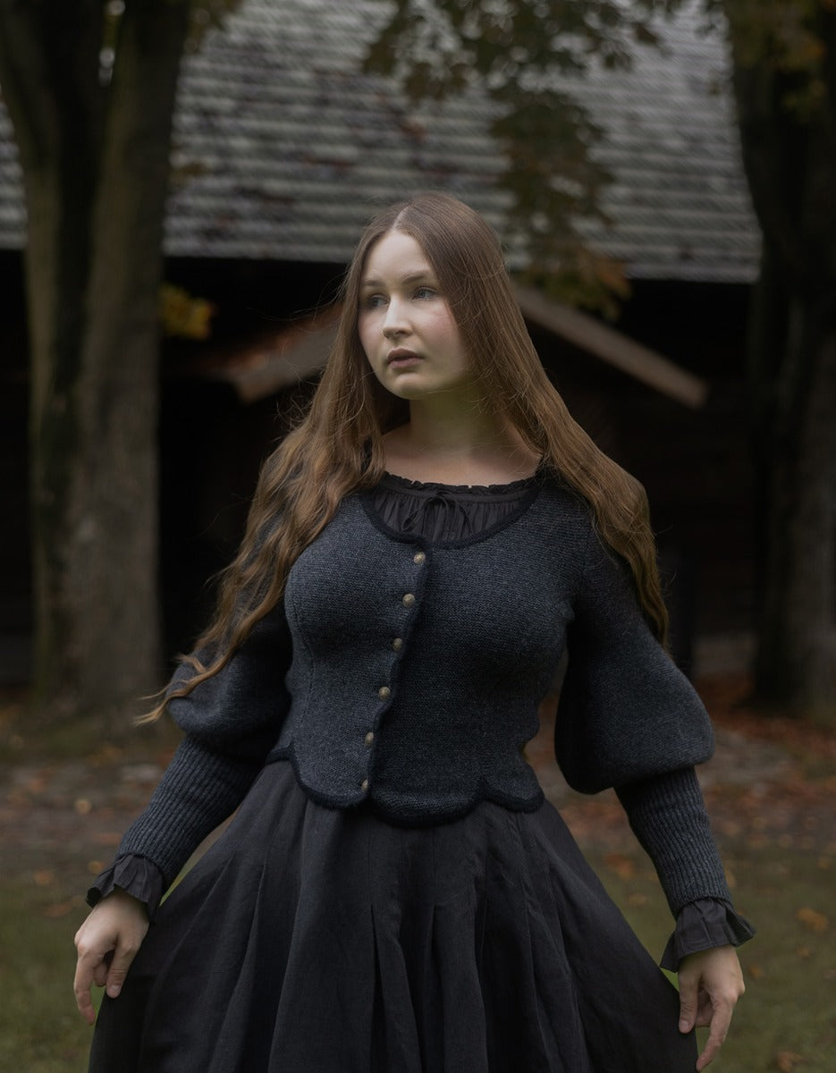 "Ilya" knitted jacket with gigot sleeves in black anthracite pure wool