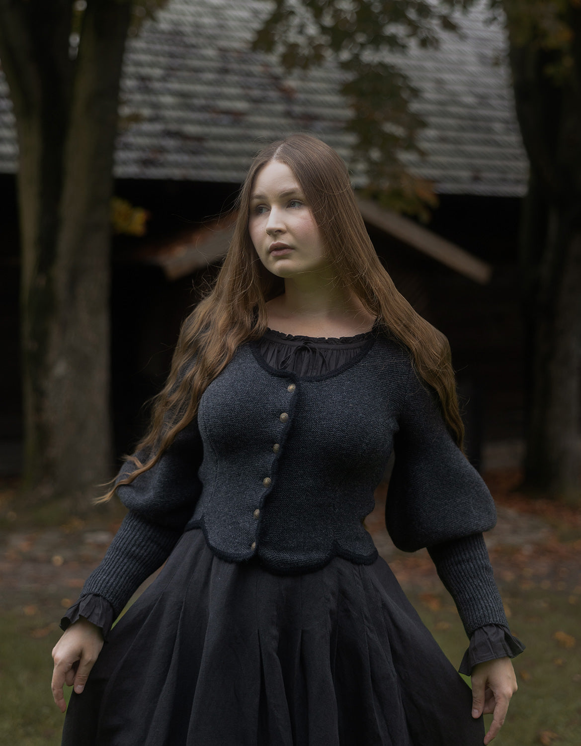 "Ilya" knitted jacket with gigot sleeves in pure wool moss