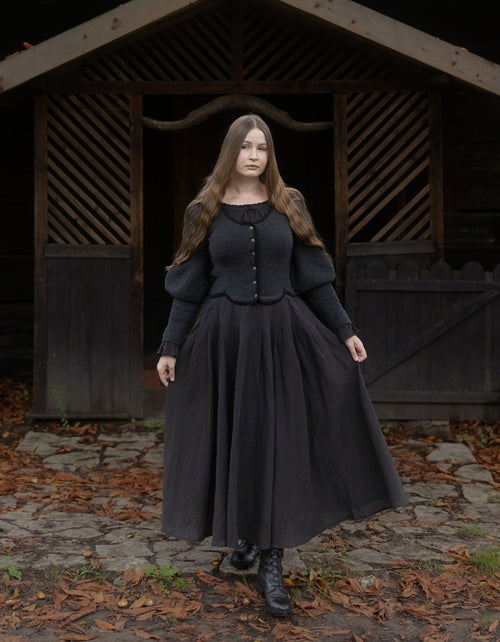 "Ilya" knitted jacket with gigot sleeves in black anthracite pure wool
