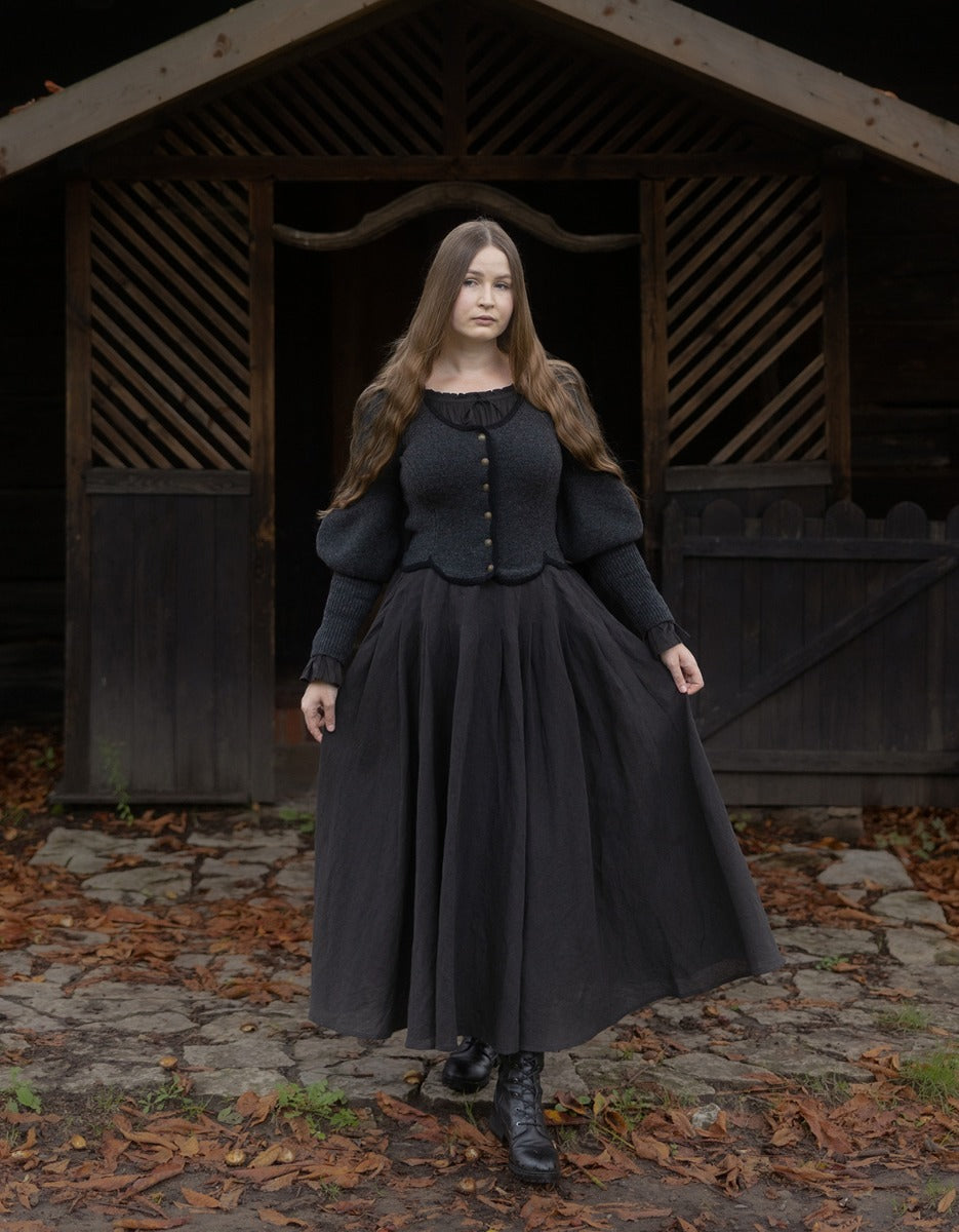 "Ilya" knitted jacket with gigot sleeves in black anthracite pure wool
