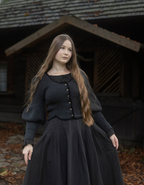 "Ilya" knitted jacket with gigot sleeves in black anthracite pure wool