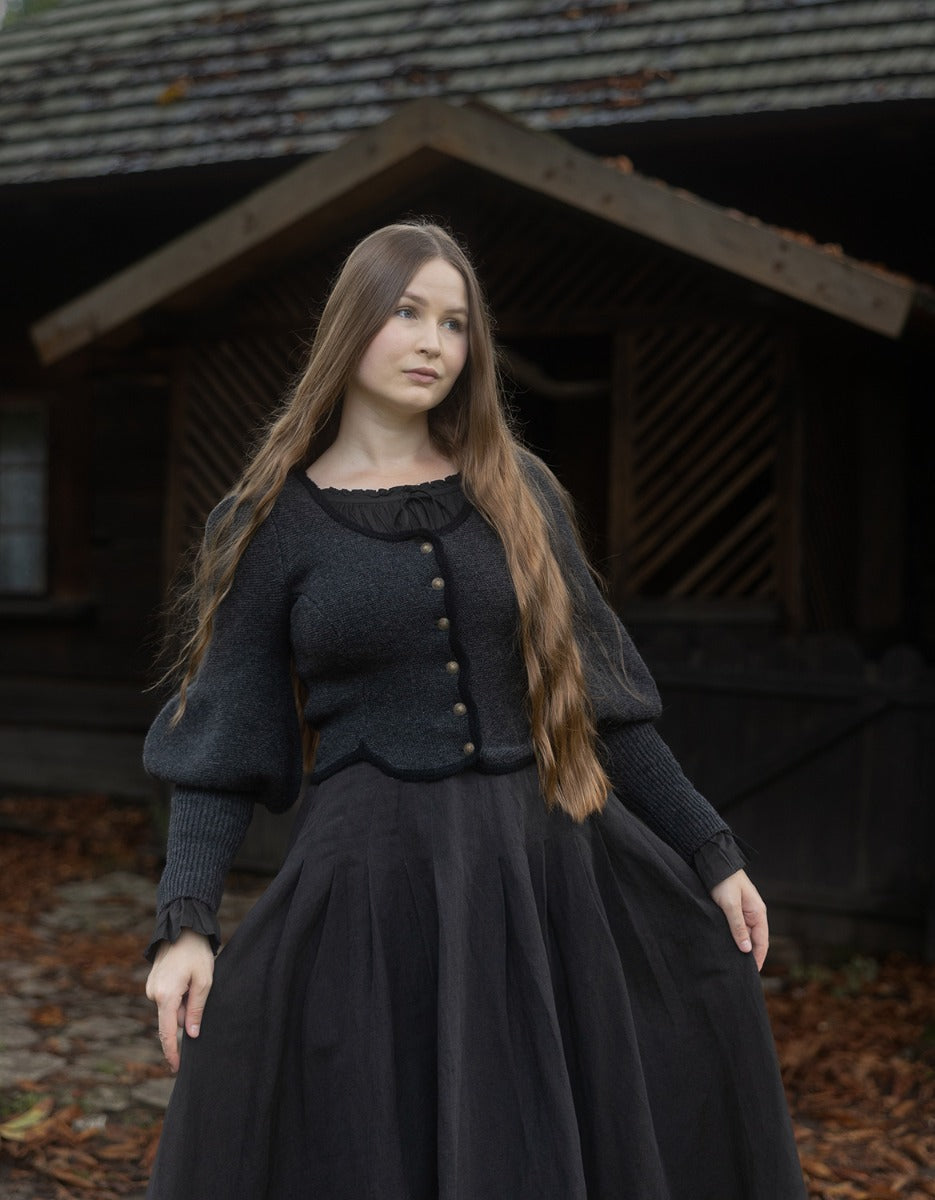 "Ilya" knitted jacket with gigot sleeves in black anthracite pure wool