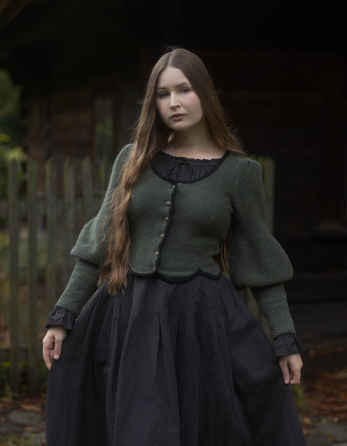 "Ilya" knitted jacket with gigot sleeves in pure wool moss