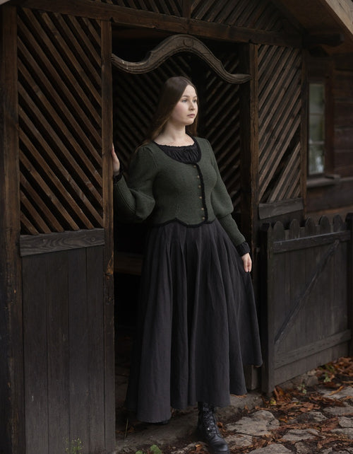 "Ilya" knitted jacket with gigot sleeves in pure wool moss