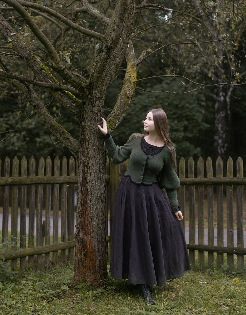 "Ilya" knitted jacket with gigot sleeves in pure wool moss