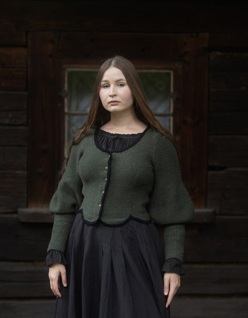 "Ilya" knitted jacket with gigot sleeves in pure wool moss
